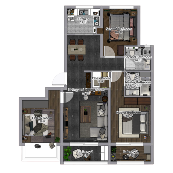 Premium colored 2D Floor plan with furniture